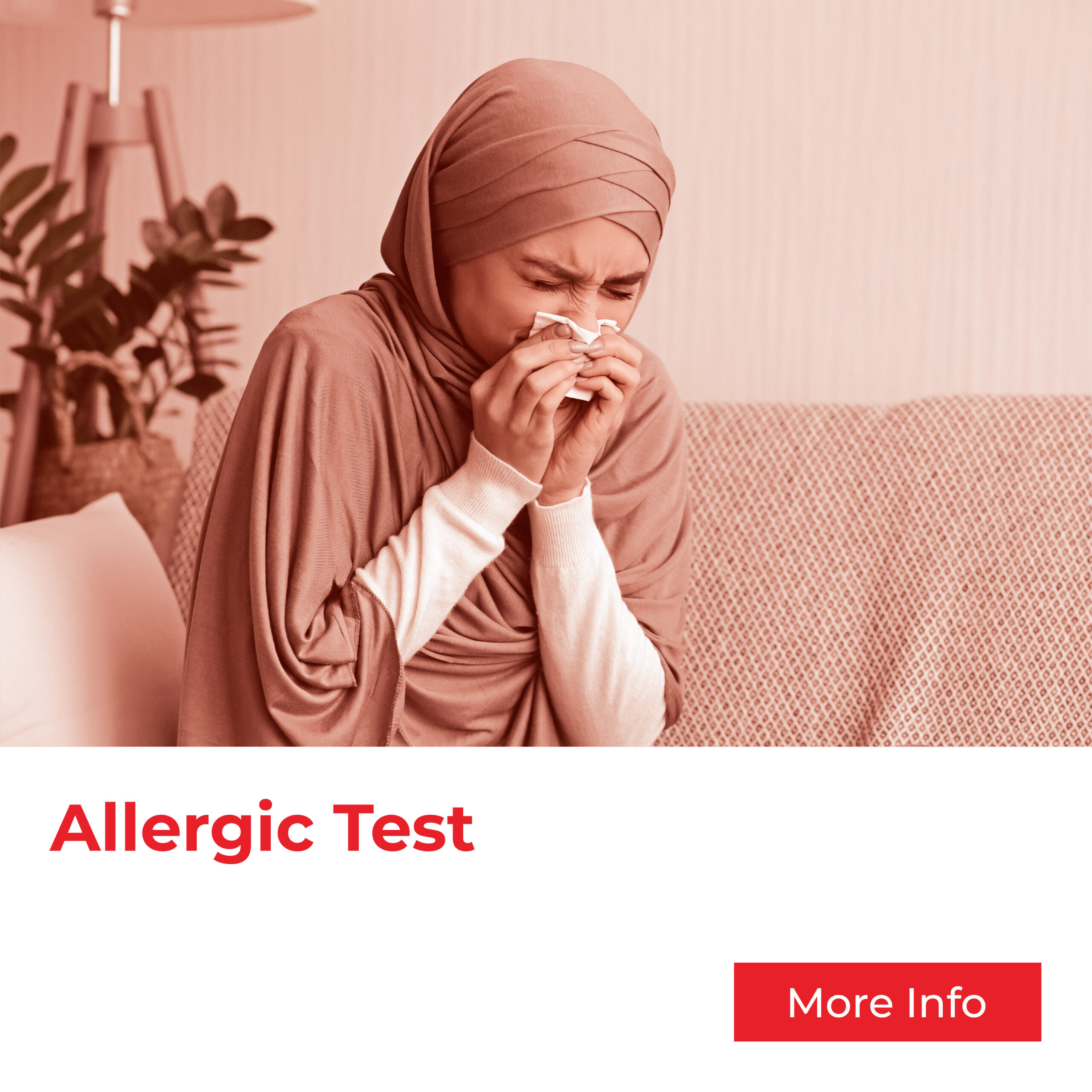 An adult woman is coughing heavily which suggested to take Allergy test as provided by Klink As-Salam with 107 allergen examination and accurate results for prevention and treatment if needed