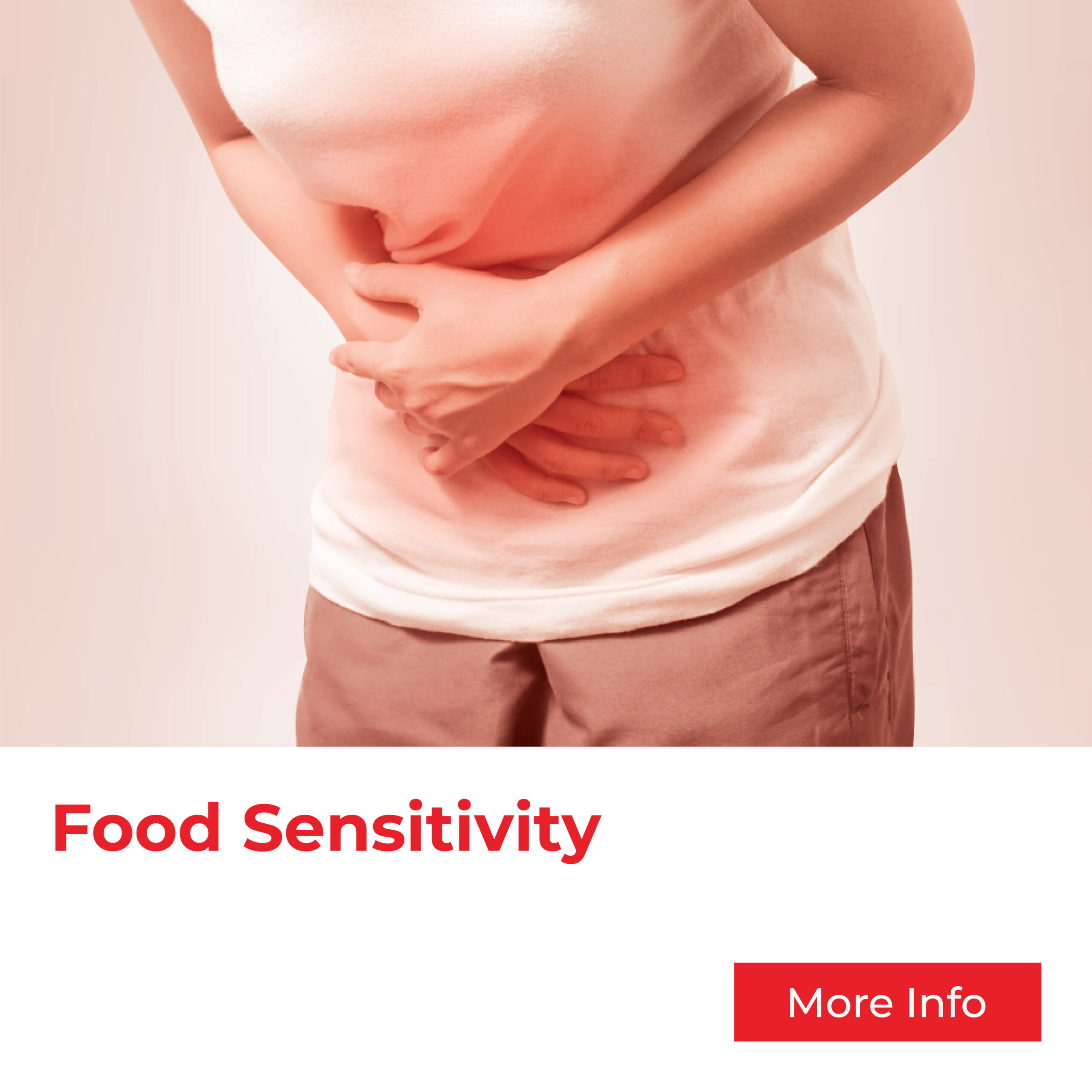 Food Sensitivity Test - woman holding stomach in pain, indicating digestive issues or food intolerance.